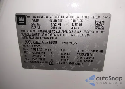 2016 Chevrolet Silverado 1500 2Lt z USA, uszkodzony, nr VIN 3GCUKREC0GG274615